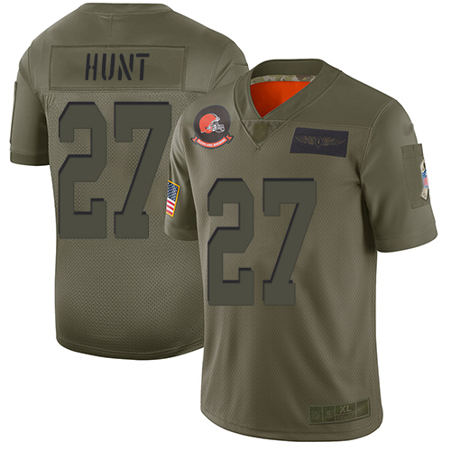 Cleveland Browns Kareem Hunt Men Olive Limited Jersey #27 NFL Football 2019 Salute To Service